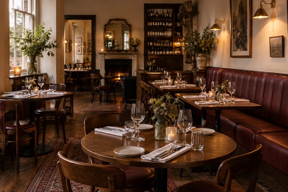 Warm restaurant interior at The Corner Table