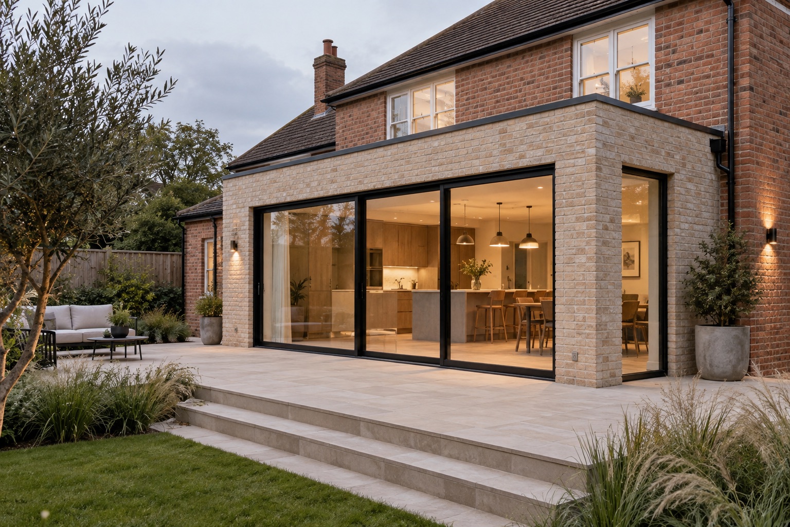 Completed contemporary brick home extension with glazed doors opening onto a garden terrace