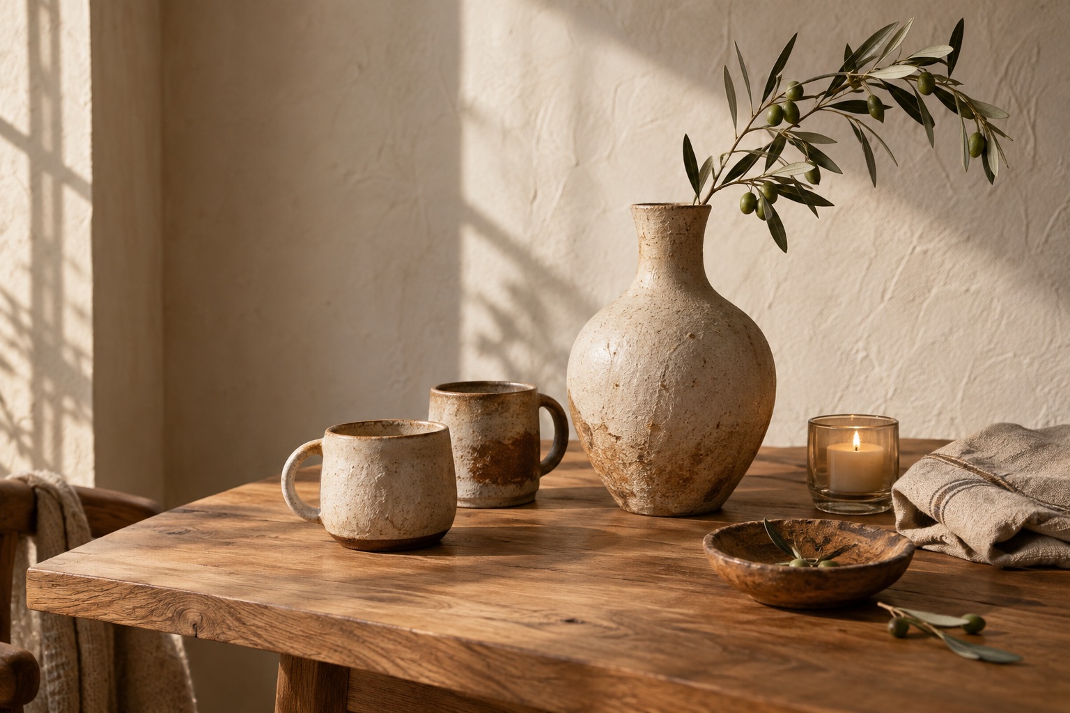 Handmade stoneware and linen in soft morning light on an oak table