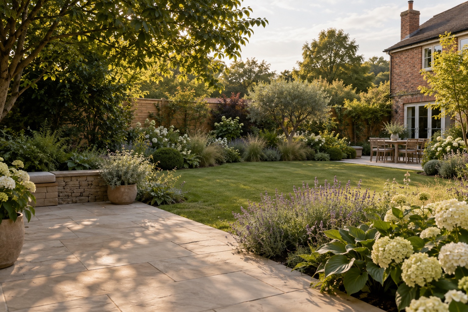 Finished sandstone terrace and lush planting in an English garden concept