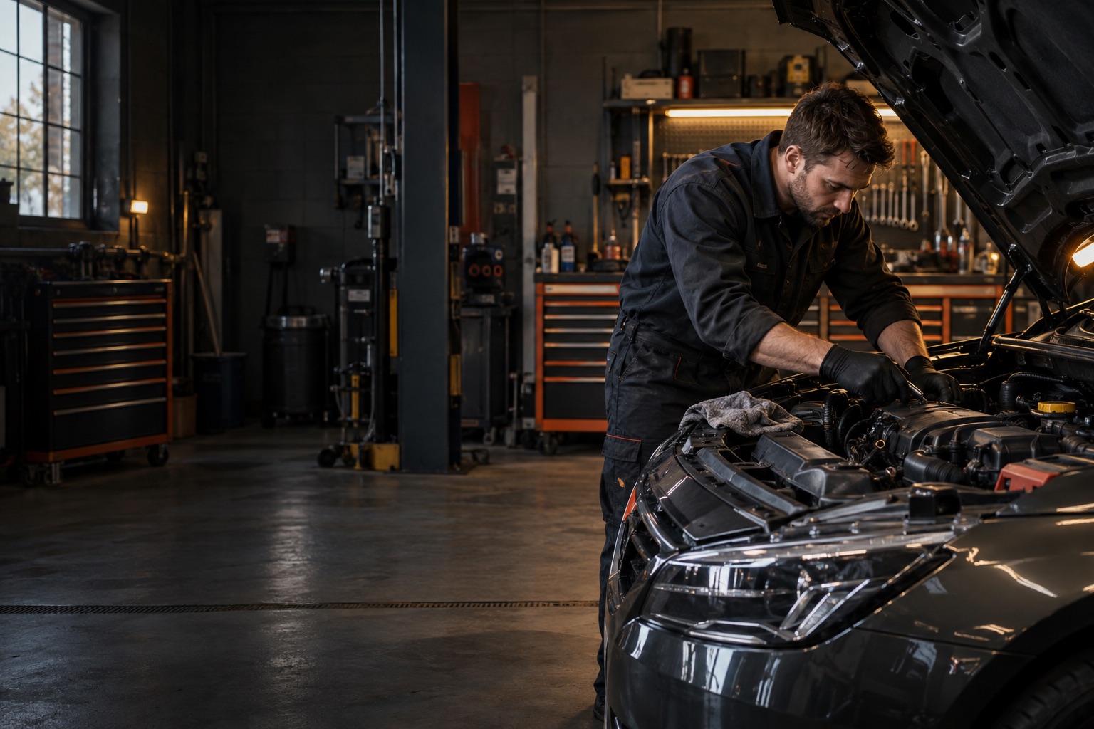Mechanic working beneath the bonnet in a well-equipped garage