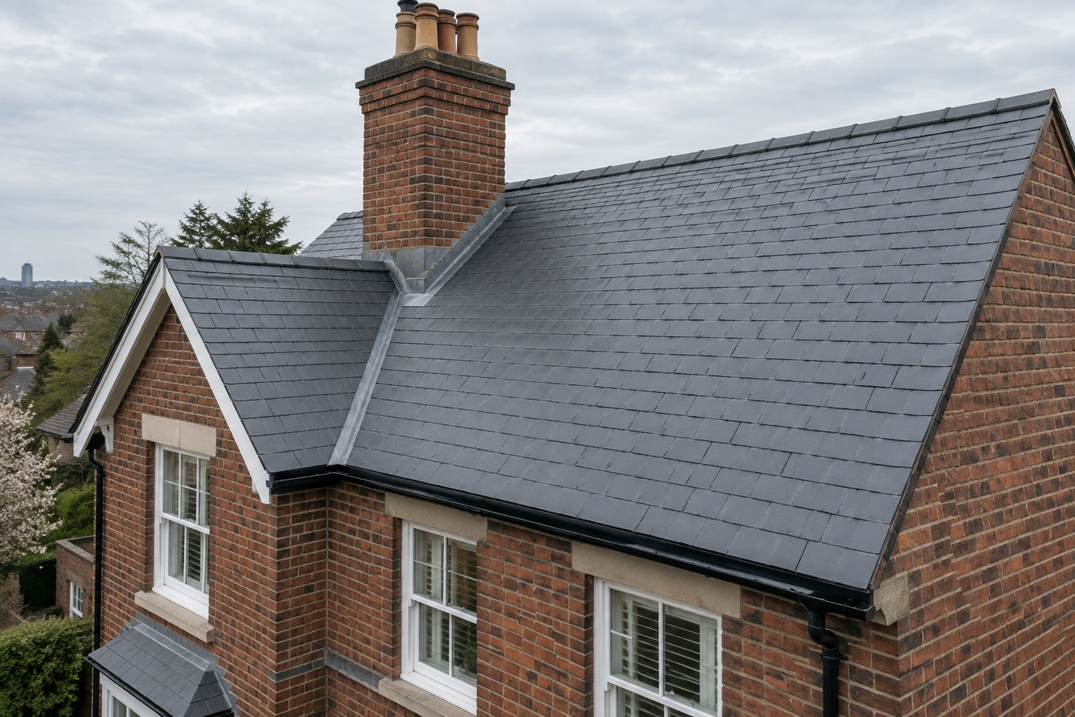 Finished slate roof with neat brick chimney and lead flashing